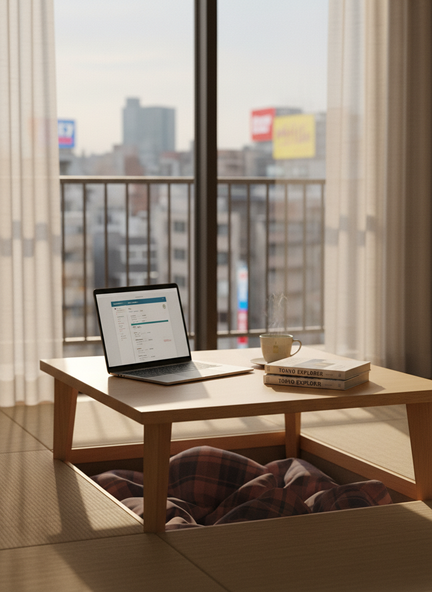 An inviting Japanese apartment living area that subtly blends travel and everyday life, centered on a low, light-ash kotatsu-style table with a smooth finish and a neatly folded plaid blanket underneath. On the table rest a slim open laptop showing a blurred travel itinerary, a ceramic cup of green tea, and a small stack of Japan guidebooks with slightly worn covers. Behind, a large sliding glass door reveals a distant cityscape of mid-rise Tokyo buildings and muted neon signs, softly out of focus. Warm afternoon light filters through sheer curtains, casting delicate, elongated shadows on the tatami-style flooring. Captured at eye level with a gentle depth of field, the photographic, modern composition feels relaxed, lived-in, and honestly reflective of real life in Japan.