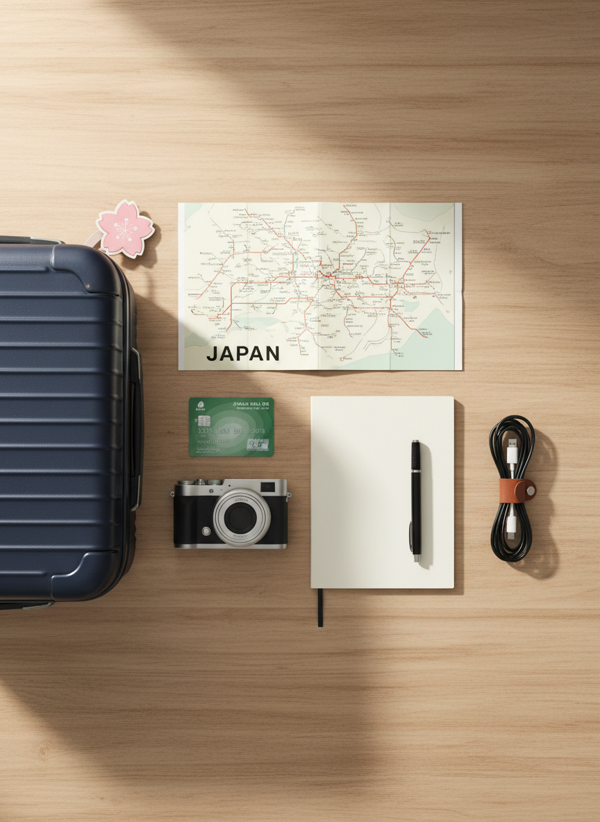 A sleek, compact Japan travel essentials flat lay arranged neatly on a light wood table, featuring a closed midnight-blue hard-shell suitcase with subtle texture, a folded minimalist map of Japan, a small Japanese rail pass, and a slim mirrorless camera with a silver lens. A tidy notebook with a fine-tip pen, a Suica-style IC card, and neatly coiled charging cables complete the scene. Soft morning light from the left creates gentle highlights on metallic surfaces and faint shadows on the wood grain. Shot from a perfectly overhead, bird’s-eye view with sharp focus throughout, the composition feels clean, organized, and practical. The photographic realism and neutral tones convey a professional, calm, and approachable mood suitable for a Japan travel planning homepage hero image.
