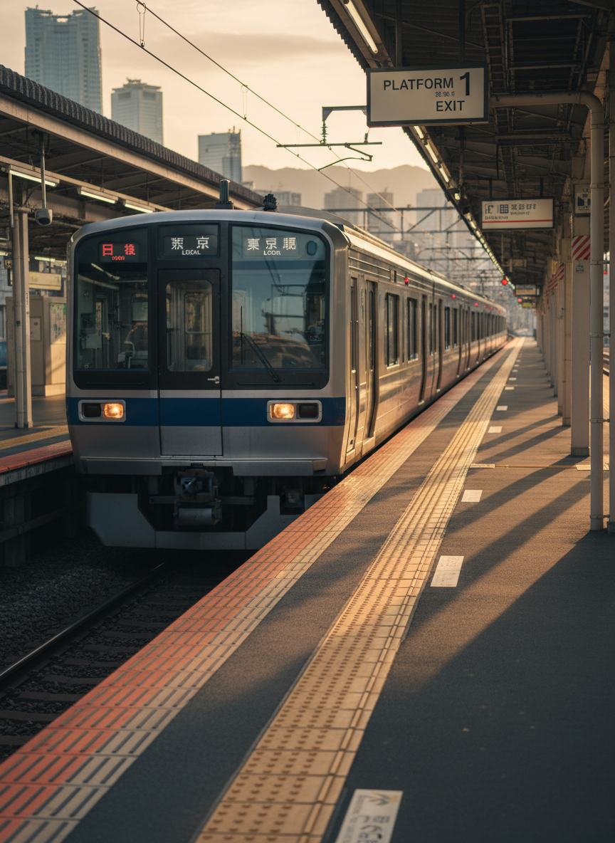 A tidy Japanese train station platform scene at golden hour, devoid of passengers, focusing on a silver-and-blue commuter train stopped precisely at the platform edge. The train’s brushed metal surface subtly reflects the warm amber light, while the illuminated destination sign glows in kanji and romaji. On the platform, a clean yellow tactile paving strip with raised dots runs in a strong diagonal toward the distance, leading the eye to a softly blurred city skyline and low mountains. Long, gentle shadows stretch from structural pillars, and overhead signs with crisp typography hang in pleasing alignment. Shot from a slightly elevated three-quarter angle with moderate depth of field, the photographic style feels efficient, organized, and quietly romantic—perfect for illustrating train travel in Japan.