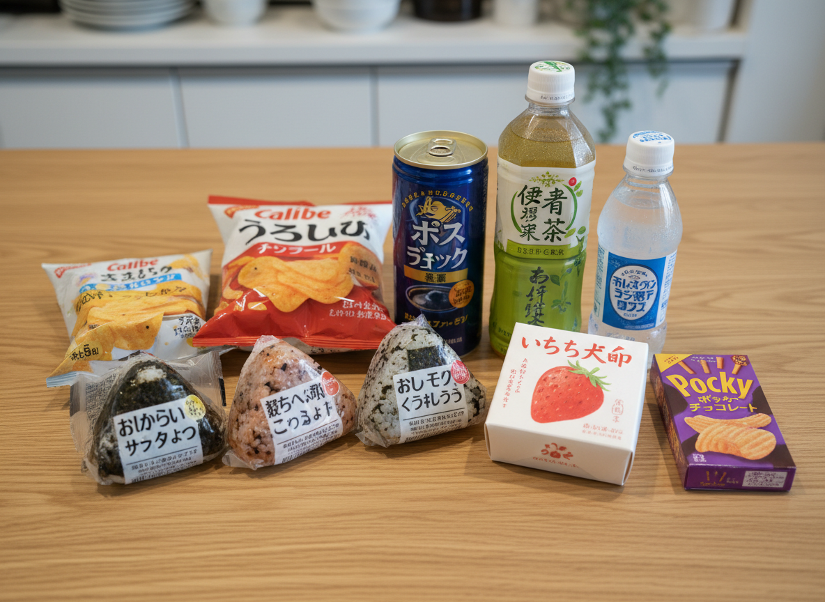 A cozy, meticulously arranged Japanese convenience store snack and drink haul spread across a smooth, light oak table, emphasizing honest product recommendations. Individual items include brightly colored onigiri wrappers, a neatly labeled canned coffee, a clear bottle of green tea with condensation droplets, and a small boxed dessert with an illustrated strawberry. Each label is sharp and legible, featuring Japanese text and simple graphics. Overhead, cool white indoor lighting creates even illumination with soft reflections on plastic and glossy cardboard. The background is gently blurred, suggesting a simple, uncluttered apartment kitchen counter. Captured from a slightly angled top-down perspective with crisp photographic realism, the composition feels playful yet practical, organized in loose clusters to encourage exploration of each product’s details.