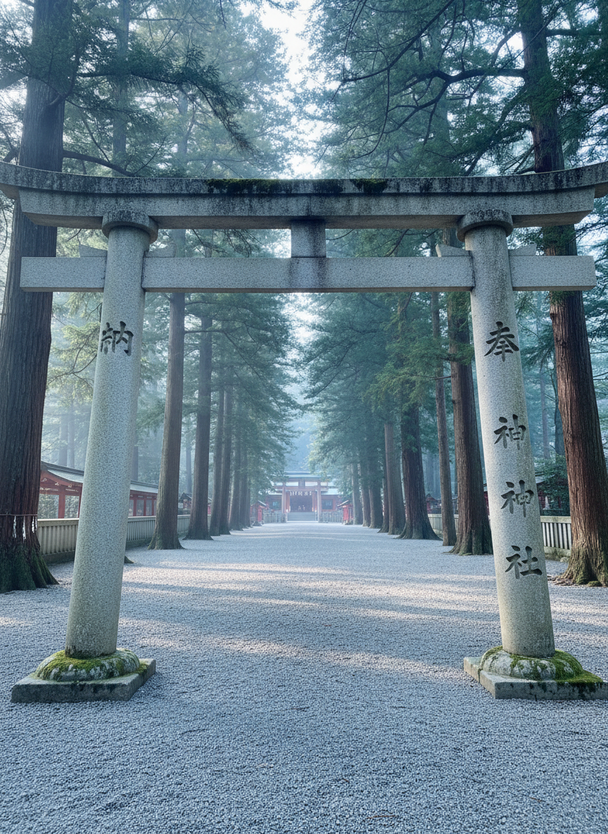 A tranquil Shinto shrine entrance in early morning, focusing on a weathered yet dignified stone torii gate with faint moss along its base and crisp carved kanji on the side pillar. Beyond the gate, a gravel path leads into a softly blurred grove of cedar trees and a hint of vermilion shrine buildings. Diffused, slightly cool morning light seeps through foliage, creating speckled highlights on the gravel and a calm, bluish cast to the stone surface. Captured from a slightly low, centered perspective, the torii dominates the frame while the path invites exploration. The photographic realism, muted color palette, and gentle contrast create a serene, respectful atmosphere ideal for a Japan culture and etiquette article.